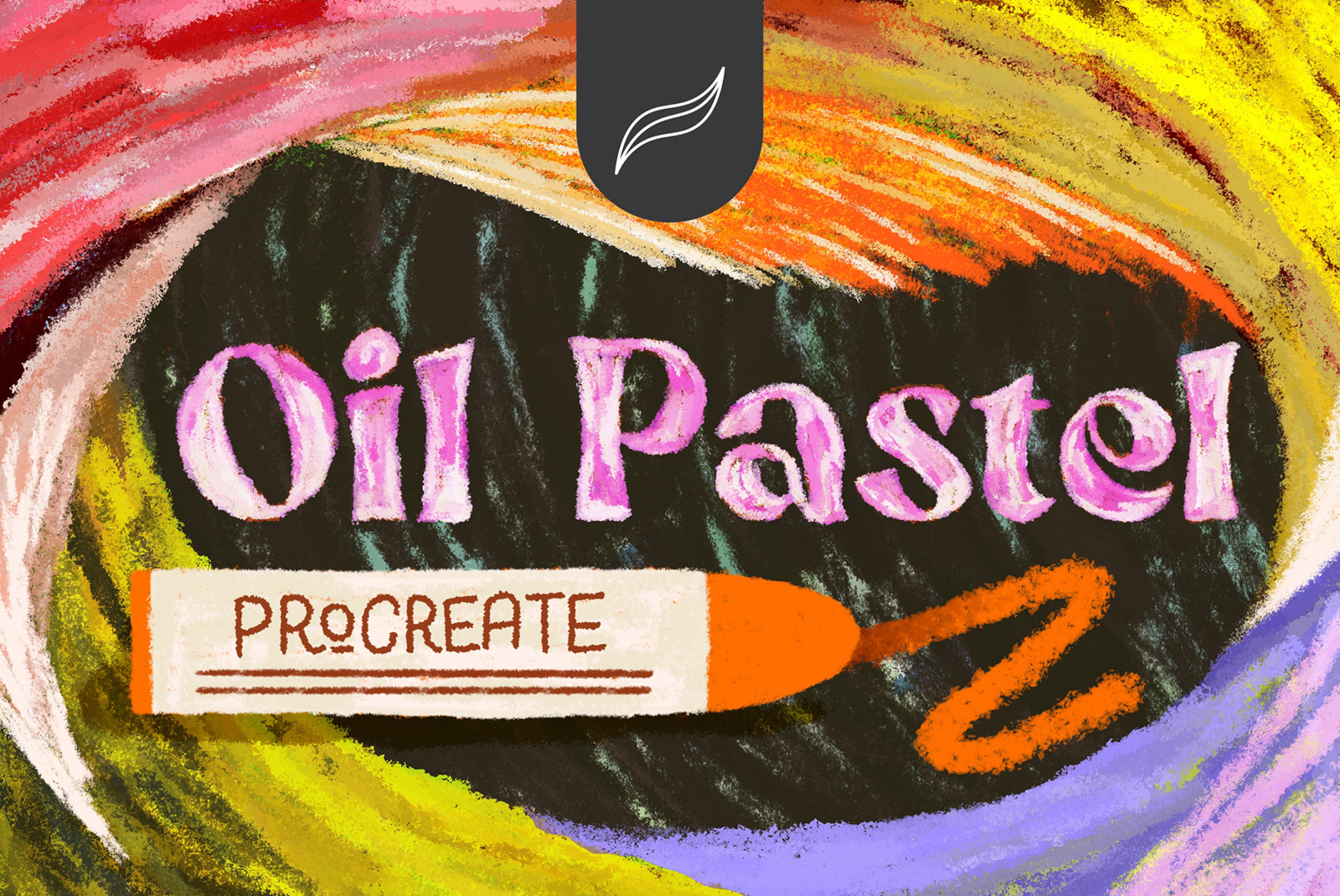 Colorful oil pastel brush pack promo for Procreate app displayed on a rainbow-hued background, digital art, creative tool, design asset.